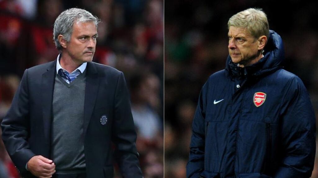 Chelsea boss Jose Mourinho and his Arsenal counterpart Arsene Wenger have two very different approaches to the game. Photograph: Getty Images.