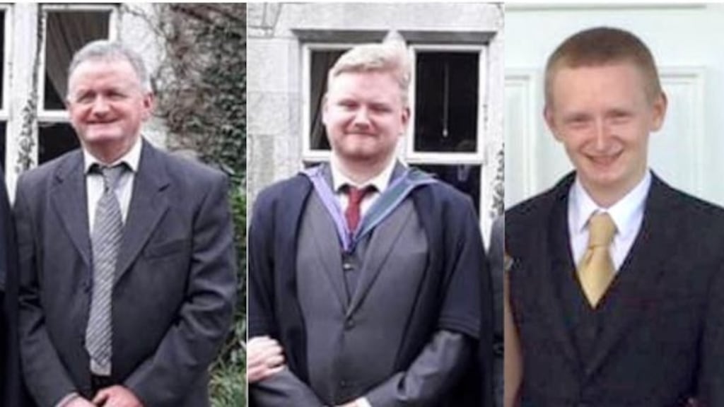 Diarmaid O’Sullivan (23, right), his father Tadg O’Sullivan (59, left) and another son, Mark (26, centre) died at the family farm.