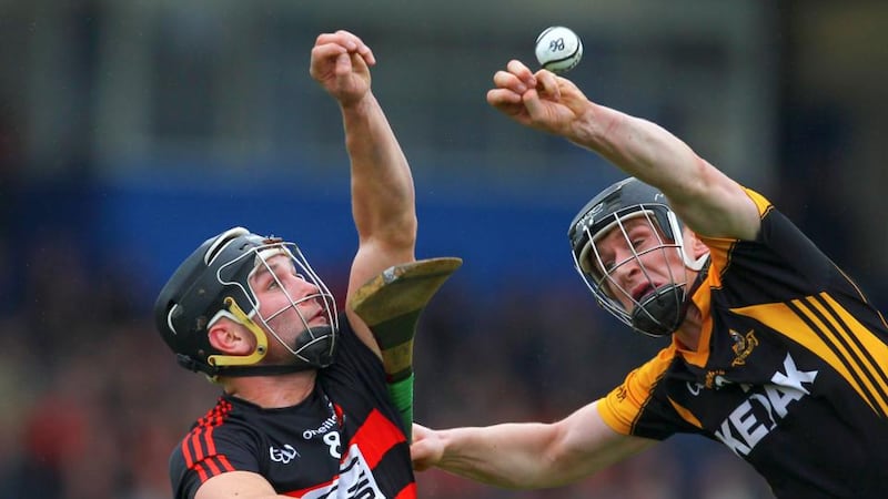Ballygunner’s Harley Barnes in action against Ballyea’s Pierse Lillis during the AIB Munster Club SHC semi-final at Walsh Park. Photograph: Ken Sutton/Inpho
