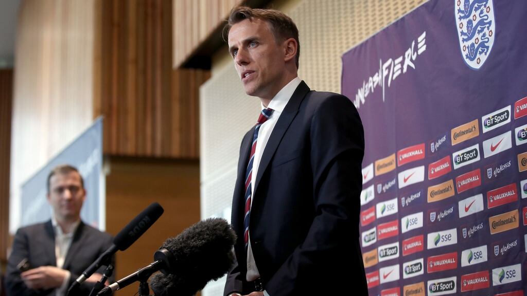 New England head coach Phil Neville speaks to the media during his official unveiling at St George’s Park, Burton. Photo: Nick Potts/PA Wire