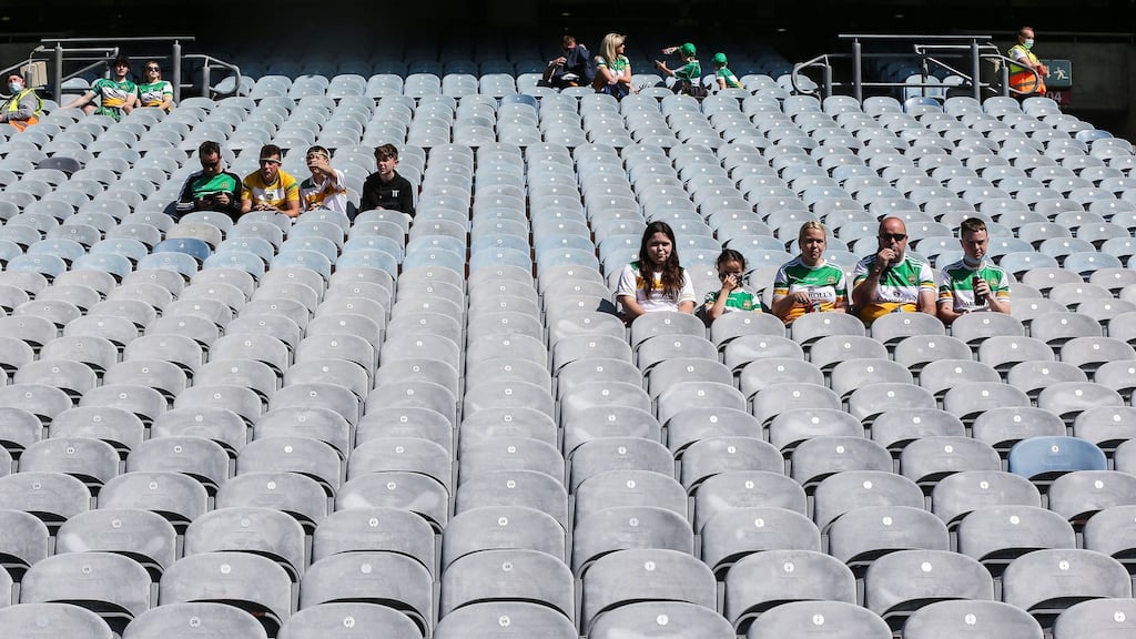 Socially distanced fans take their seats at a sunny Croke Park for the Allianz League Division Three final between Offaly and Derry. Photograph: Lorraine O’Sullivan/Inpho
