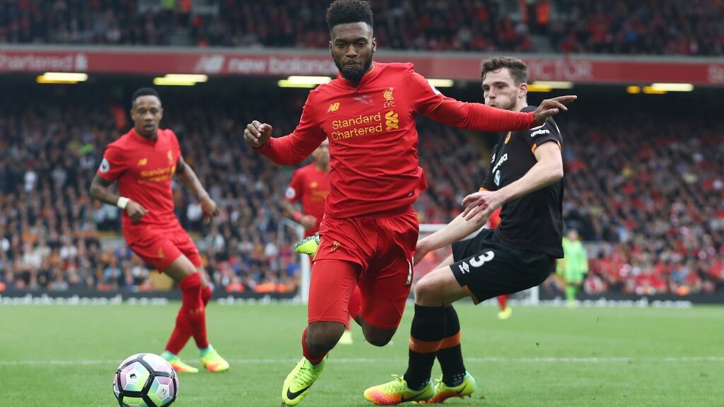 Daniel Sturridge takes a tumble during Liverpool’s Premier League clash with Hull City. Photo: Getty Images