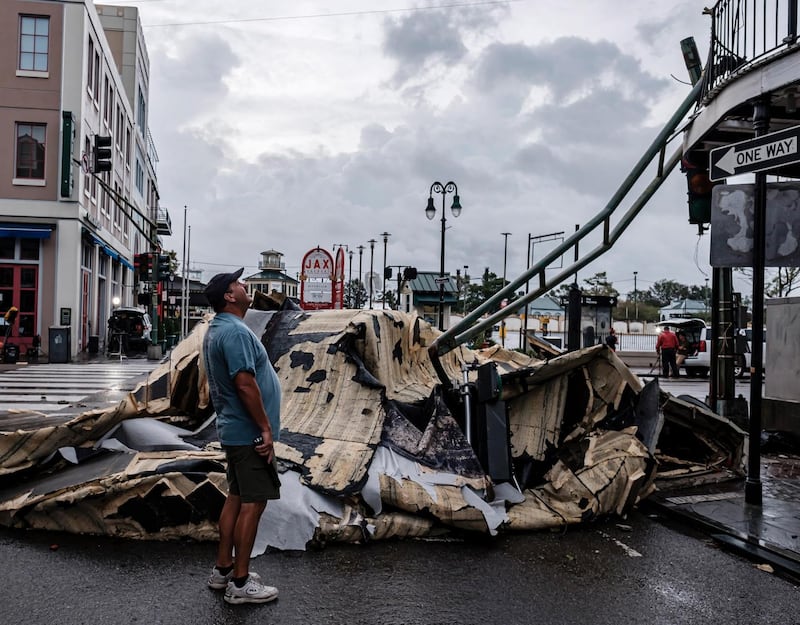 Hurricane Ida: a chunk of roof that ripped off a building in the French Quarter of New Orleans on Monday. Photograph: Dan Anderson/EPA