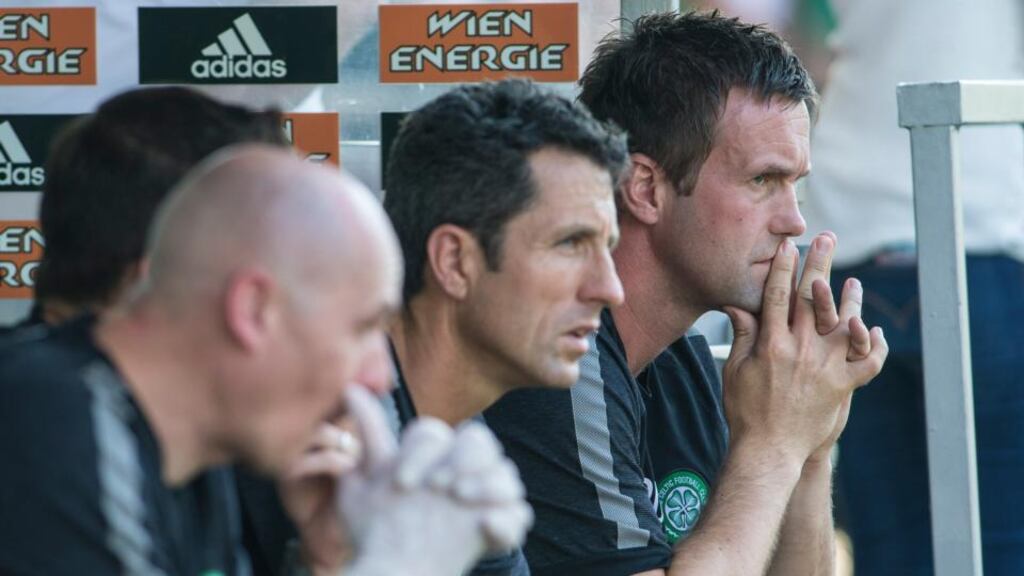 Celtic manager Ronny Deila (right): his side is 1-0 up from the first leg and will face either Polish side Legia Warsaw or St Patrick’s Athletic in the next qualifier if success at Murrayfield. Photograph: Getty Images