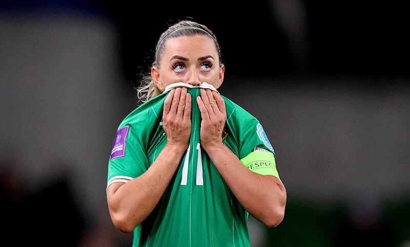 Ireland’s Katie McCabe dejected after defeat to Wales in Dublin. Photograph: Ryan Byrne/Inpho