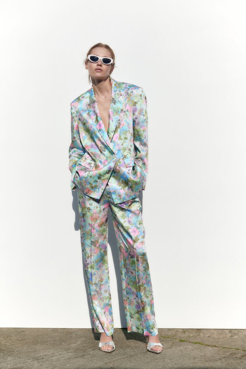 Floral blazer, €59.95, and trousers €39.95, both Zara
