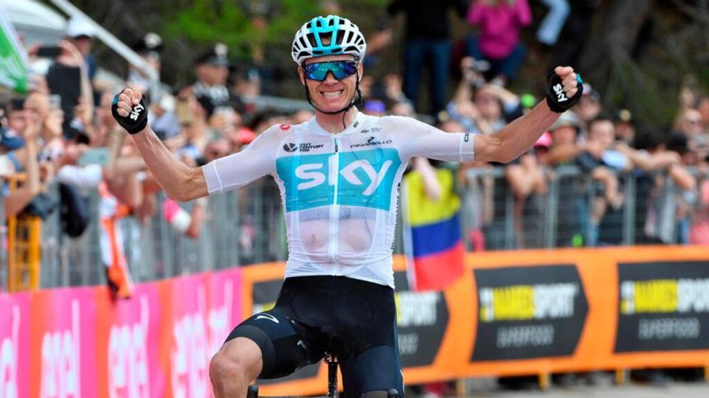 Britain’s Chris Froome crosses the finish line to win the 19th stage of the Giro d’Italia from Venaria Reale to Bardonecchia. Photograph: Daniel dal Zennaro/ANSA via AP