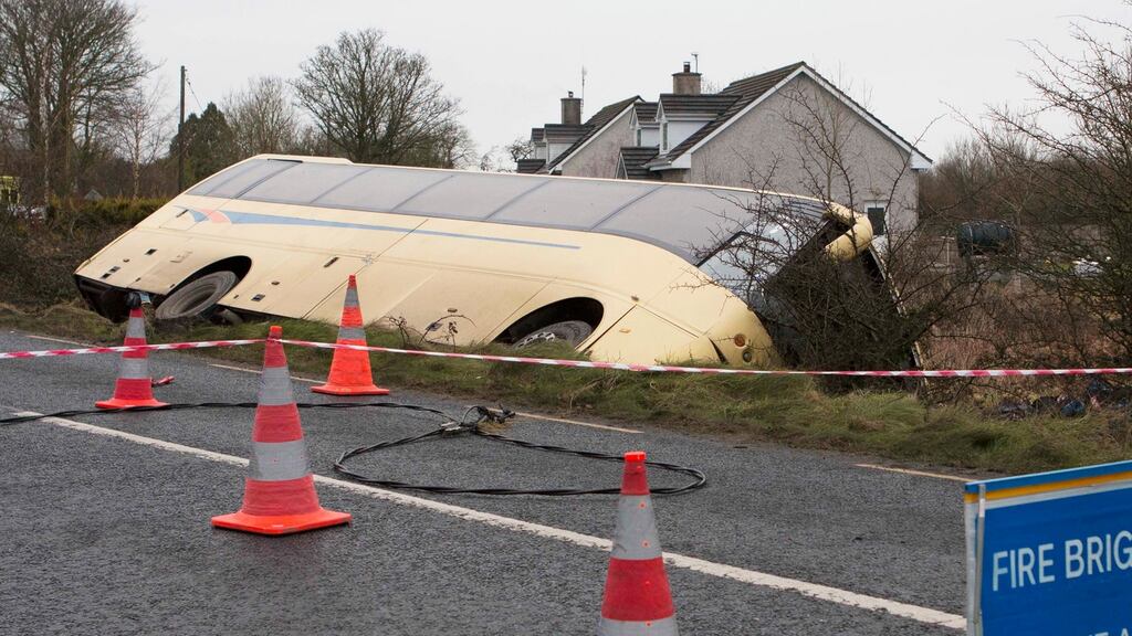 There were nearly 50 teenagers on the bus, which ended up on its side in a ditch near Caherconlish in Co Limerick. Photograph: Press 22