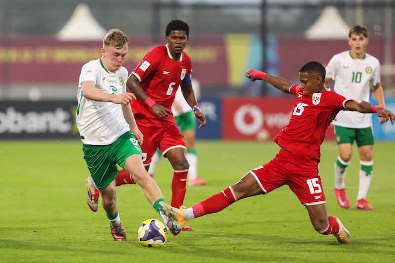 Ireland's Michael Noonan is tackled by Panama’s Jossimar Insturain. Photograph: Inpho