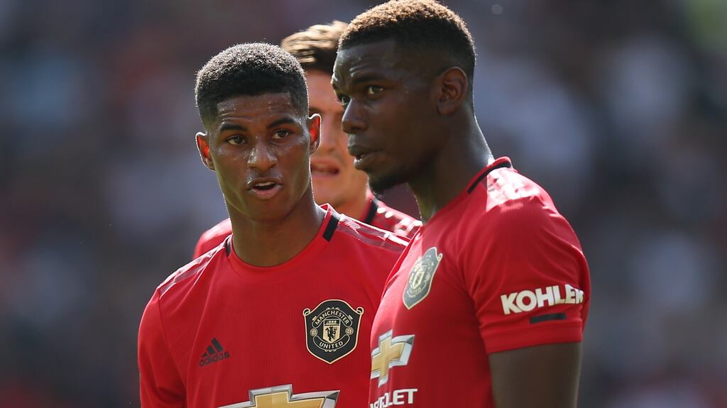Marcus Rashford and Paul Pogba of Manchester United during their Premier League match against Crystal Palace at Old Trafford on Saturday. Photograph: Mark Leech/Offside via Getty Images