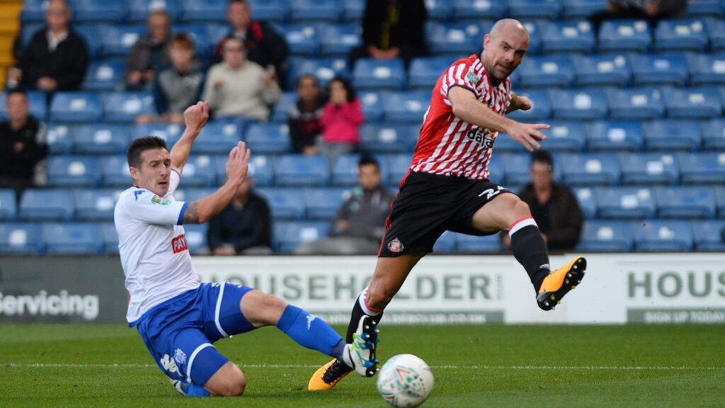 Sunderland’s Darron Gibson in action during the Carabao Cup first-round match against Bury at Gigg Lane. Photograph: Nathan Stirk/Getty Images