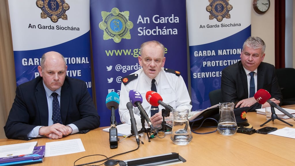 Det Supt Declan Daly, assistant commissioner John O’Driscoll, Chief Supt Michael Daly during a media briefing on Operation Ketch in Dublin. Photograph: Gareth Chaney Collins