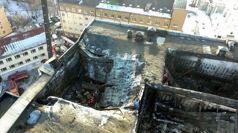 An aerial view of the multistory shopping complex after the fire in the Siberian city of Kemerovo. Photograph: AP