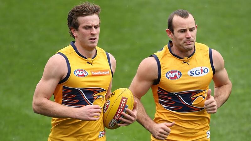 Paddy Brophy with Shannon Hurn  during a West Coast Eagles AFL training session at Domain Stadium in July  2015 in Perth, Australia. Photograph: Paul Kane/Getty Images