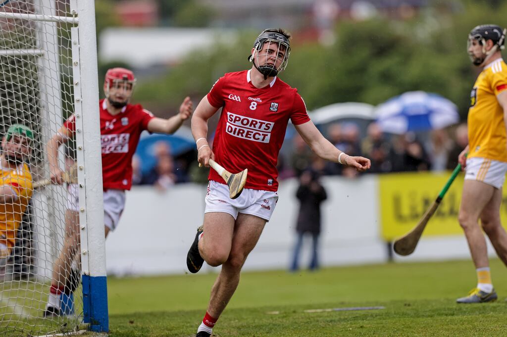 Cork's Darragh Fitzgibbon celebrates scoring a goal against Antrim. Photograph: John McVitty/Inpho