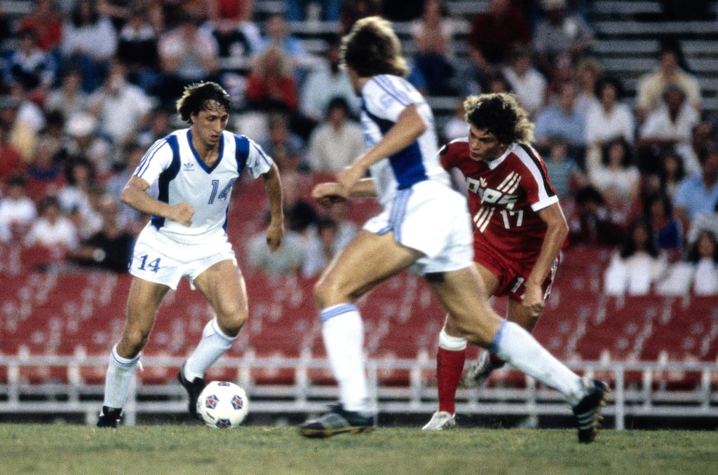 Johan Cruyff of LA Aztecs in action during an  NASL match against Washington Diplomats in Los Angeles in 1979. Photograph: Tony Duffy/Allsport/Hulton Archive/Getty
