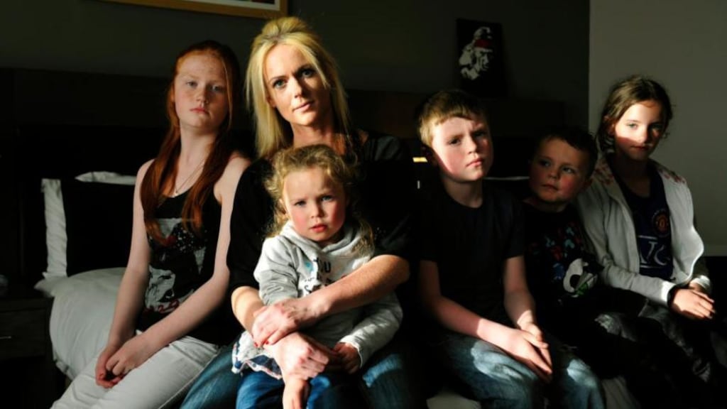 Charlene Murray from Shankill, Co Dublin, with her five children: Casey (12), Zara (10), James (8), Kealum (4) and Skye (4). The family have been living in a hotel in Citywest for the past three months. Photograph: Aidan Crawley