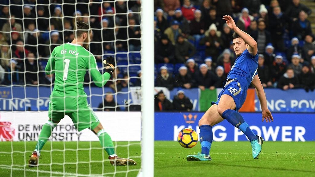 Harry Maguire of Leicester City scores his team’s late equaliser in the Premier League match against Manchester United at The King Power Stadium. Photograph: Michael Regan/Getty Images