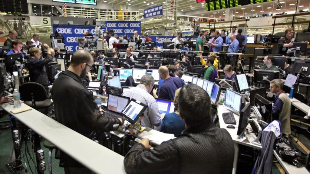 Traders work in the Volatility Index Options (VIX) pit on the floor of the Chicago Board Options Exchange (CBOE) in Chicago. Photograph: Tim Boyle/Bloomberg