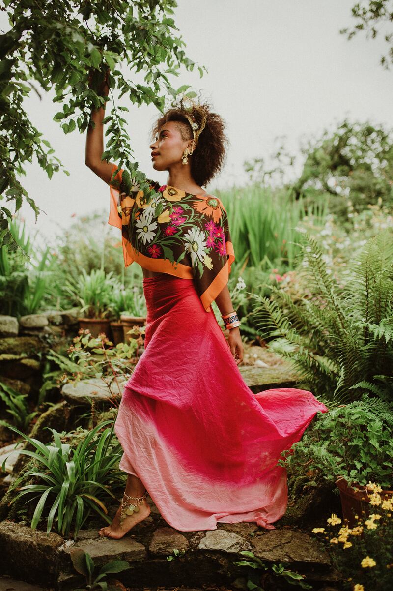Raspberry sunset silk skirt €224, Tropical Poppy silk top €129, Golden Goddess Crown €136. Photograph: Kate Bean