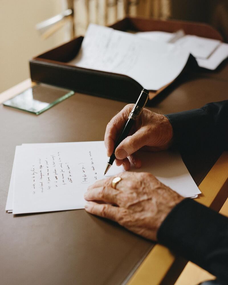 John le Carré at his Eos writing desk. Photograph: Charlotte Hadden/New York Times