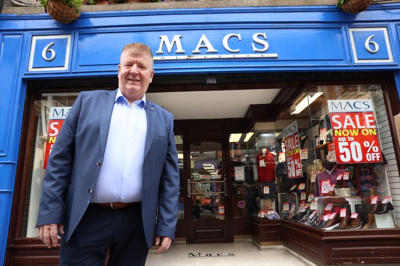 Declan McDonald outside his menswear shop, Macs, on Tallows Street, Carlow town, Co Carlow. Photograph: Dara Mac Dónaill