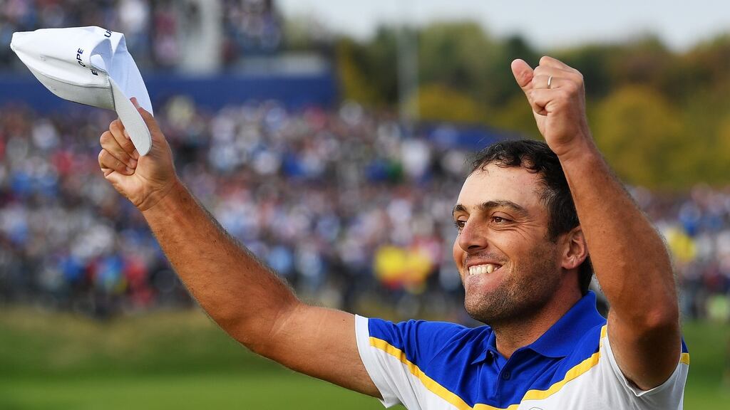 Francesco Molinari celebrates his clean sweep and Europe’s win at the Ryder Cup. Photograph: Stuart Franklin/Getty Images