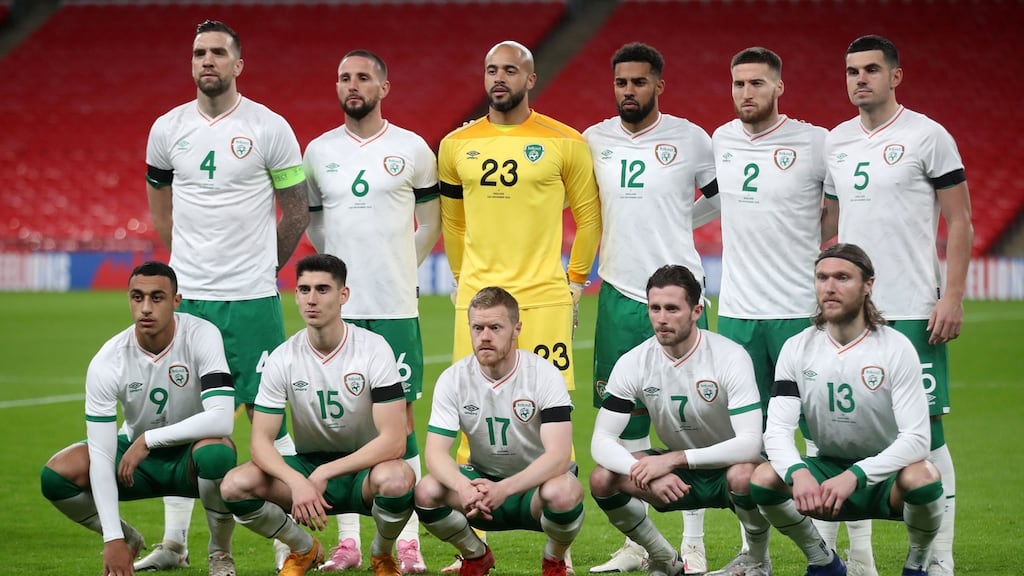 The Ireland team lines up ahead of the international friendly against England at Wembley. Photo Carl Recine/AFP via Getty Images