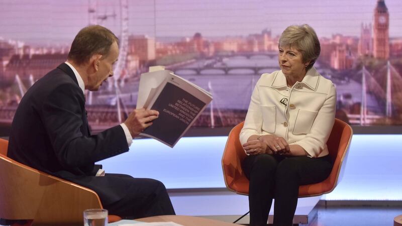 Britain’s prime minister Theresa May speaks to Andrew Marr (left) on the BBC’s Andrew Marr Show on Sunday