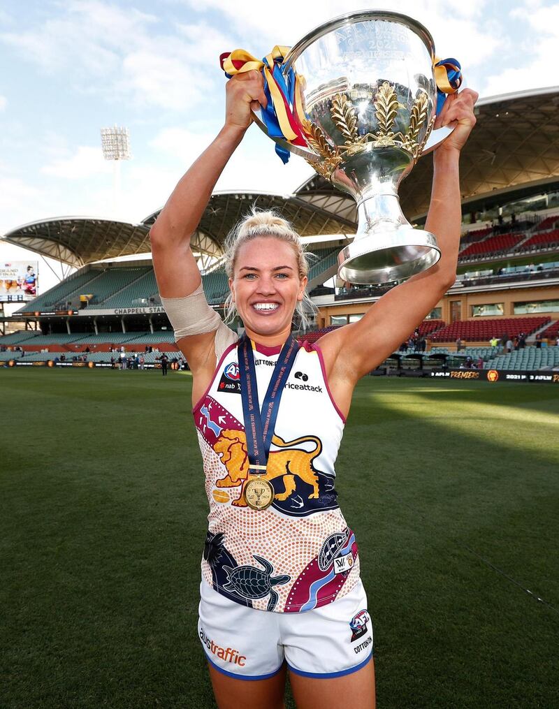 Orla O’Dwyer of the Brisbane Lions holds the trophy after their AFLW Grand Final victory over Adelaide Crows in Adelaide on April 17th. Photograph: Michael Willson/AFL Photos via Getty Images
