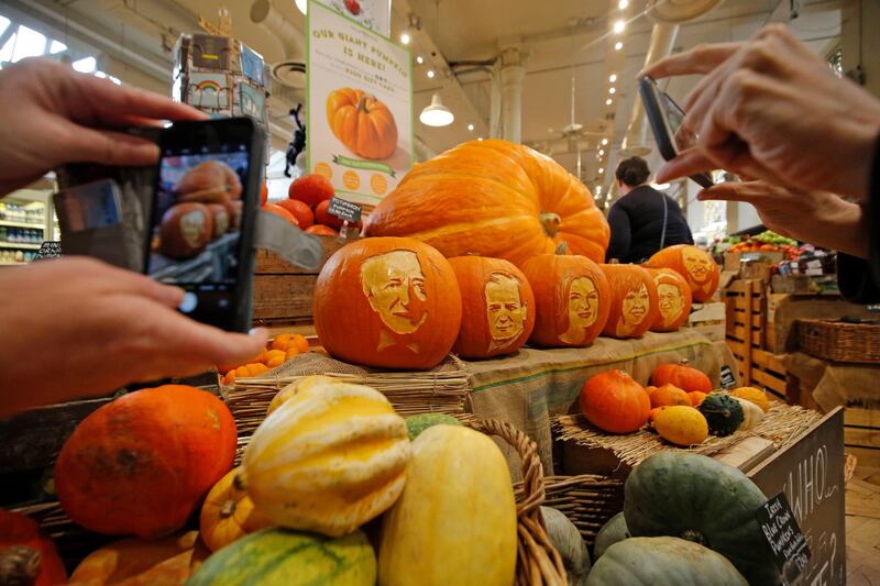 PUMPKIN PATCH POLITICS: President Michael D. Higgins and the other presidential contenders carved into Halloween pumpkins at Fallon & Byrne's Exchequer Street Store, Dublin. Photograph: Nick Bradshaw/The Irish Times