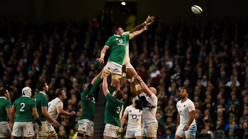 Ireland’s Peter O’Mahony challenges England’s Maro Itoje at the lineout during the Six Nations match at the Aviva Stadium. Photograph: Photograph: Clodagh Kilcoyne/Reuters