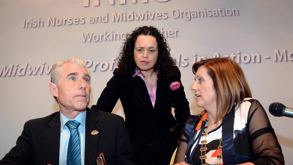 INMO’s Liam Doran, Phil Ni Sheaghdha and IClaire Mahon at their annual conference in The Gleneagle Hotel, Killarney. Photograph: Don MacMonagle