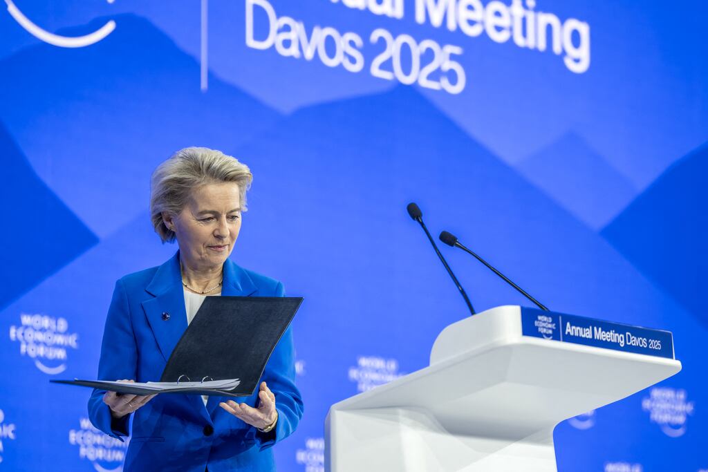 European Commission president Ursula von der Leyen delivers a speech on the EU's future during the World Economic Forum in Davos on Tuesday.
(Photo by Fabrice Coffrini/AFP)