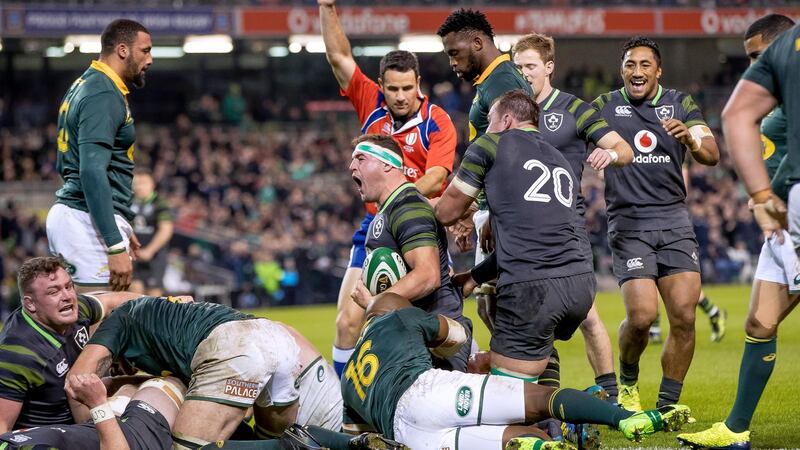 Rob Herring celebrates scoring his try. Photograph: Morgan Treacy/Inpho
