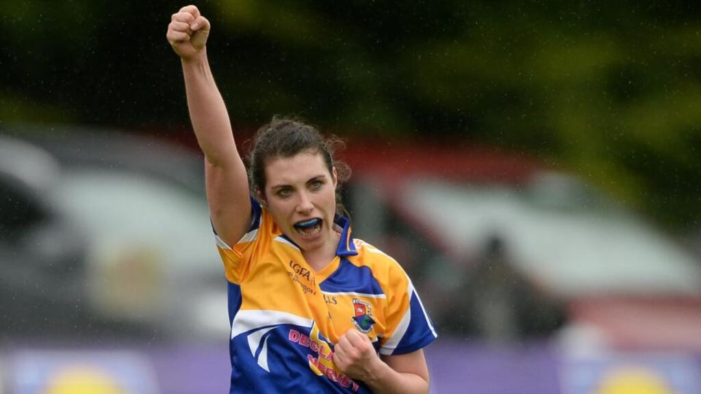 Longford captain Mairéad Reynolds celebrates after winning the Ladies Football National League Division 4 title against Wicklow. Photograph: Piaras Ó Mídheach/Sportsfile
