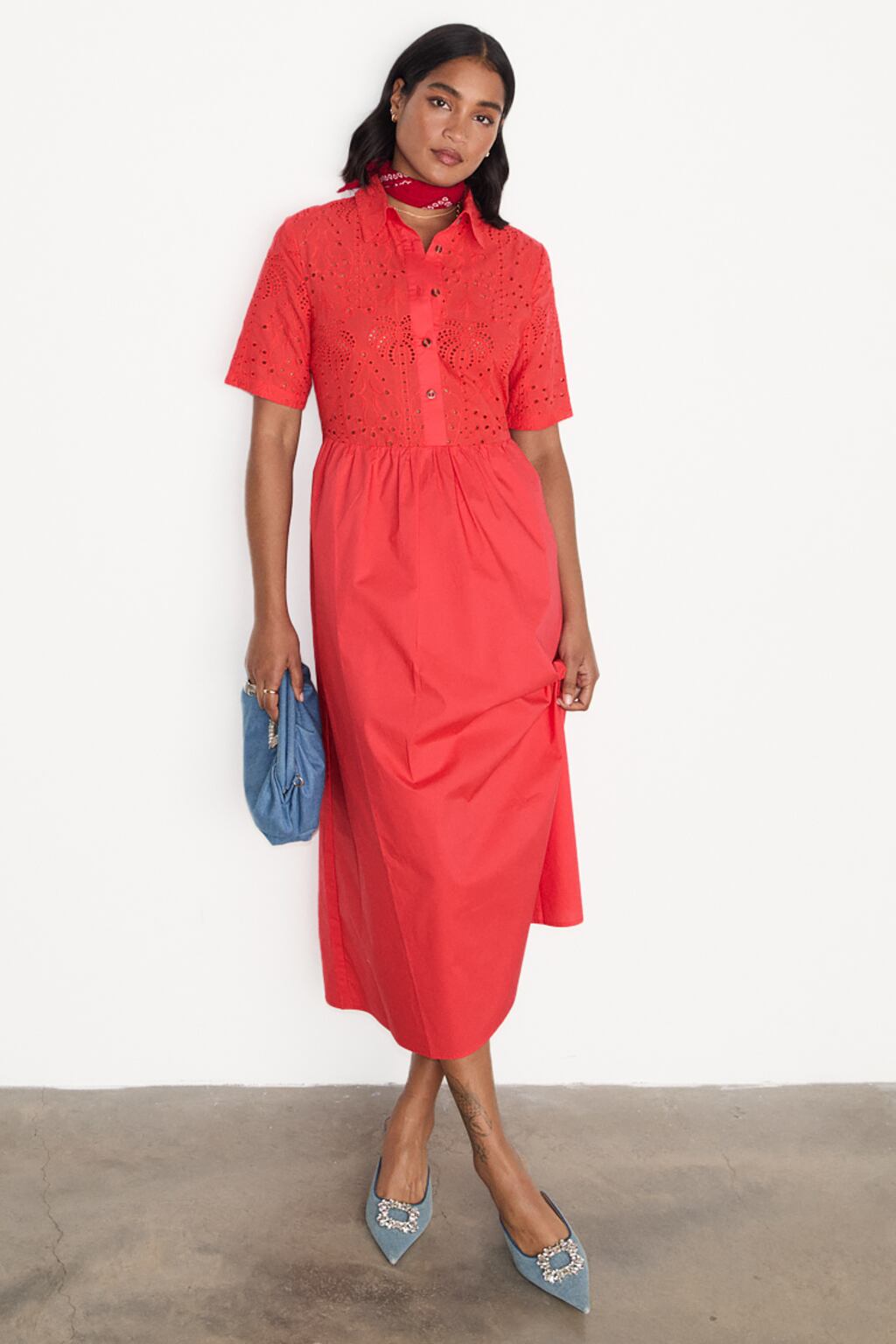 Red dress with embroderie anglaise bodice from Never Fully Dressed at Arnotts, €185