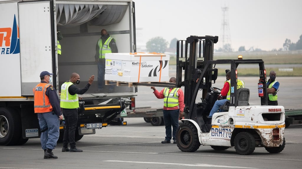 A  delivery of the Johnson & Johnson vaccine arriving  at  O R Tambo  airport in Johannesburg, South Africa. Photograph:  EPA/Kim Ludbrook