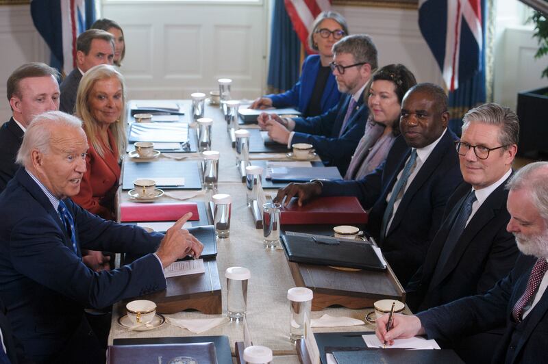President Joe Biden meets UK PM Keir Starmer in the Blue Room of the White House in Washington. Photogaph: Rod Lamkey jnr/The New York Times
