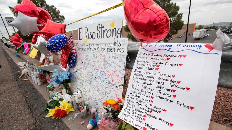 The names of the shooting victims adorn a makeshift memorial at the Cielo Vista Mall Walmart in El Paso, Texas. Photograph: Getty Images