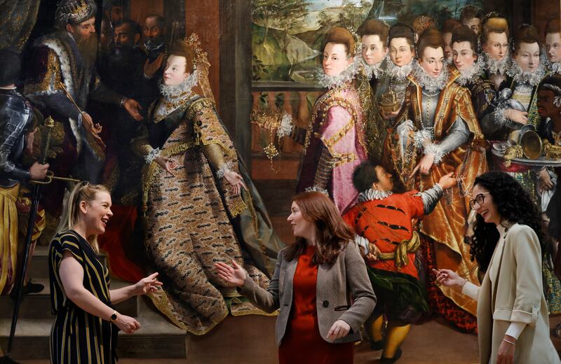 Lavinia Fontana: curator Aoife Brady with conservators Maria Canavan and Letizia Marcattili at the unveiling of the artist’s Visit of the Queen of Sheba at the National Gallery of Ireland. Photograph: Alan Betson