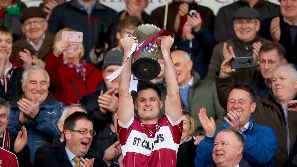 Mullinalaghta’s Shane Mulligan lifts the trophy after his side’s Leinster club SFC final victory over Kilmacud Crokes. Photograph: Oisin Keniry/Inpho
