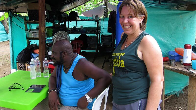 Farc camp 11: French-born guerrilla Natalie Mistral, who is media officer for the 57th Front, with commander Pablo Atrato, who is also her partner. Photograph: Julieta Aponte