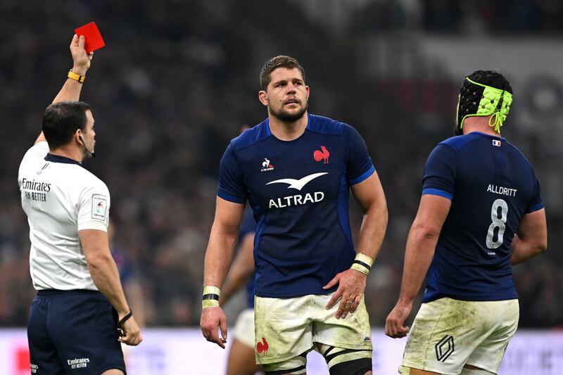 Paul Willemse of France is shown a red card during the Guinness Six Nations 2024 match between France and Ireland on February 2nd, 2024, in Marseille. The proposed law change or amendment being put to World Rugby’s Council meeting on May 9th, notably regarding trialling the 20-minute red card, is not just tinkering or tweaking. Photograph: Shaun Botterill/Getty