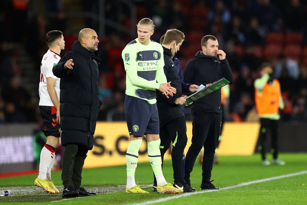 Pep Guardiola gets ready to bring on Erling Haaland during his team's defeat to Southampton at St Mary's Stadium. Photograph: Michael Steele/Getty Images