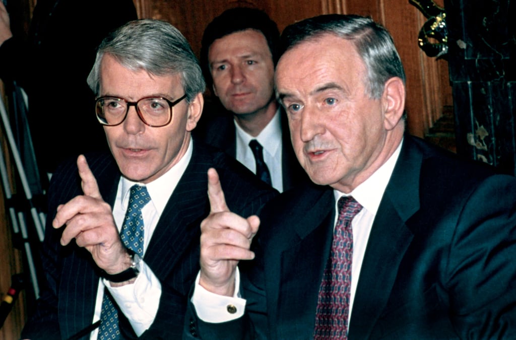 Prime minister John Major and taoiseach Albert Reynolds during a joint press conference at 10 Downing Street 30 years ago after issuing the Joint Declaration that paved the way for peace in Northern Ireland. Photograph: Johnny Eggitt/AFP via Getty Images