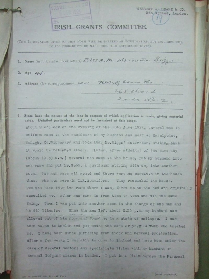 One of the most distressing cases of civilian violence in the Irish Civil War, documented in an Irish Grants Committee Compensation Claim of 17th November 1926,