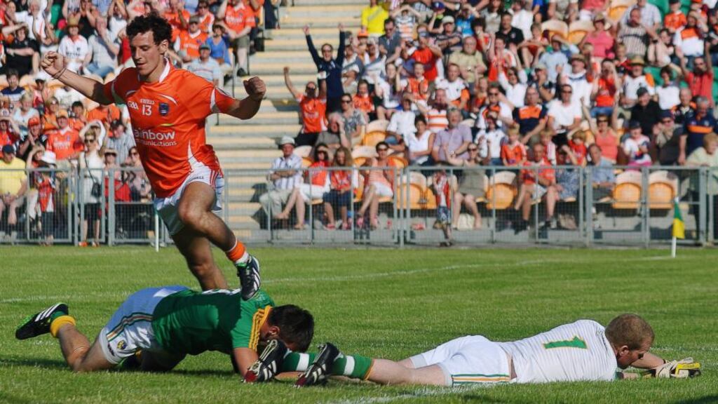 Jamie Clarke celebrates scoring Armagh’s eighth goal. Photograph: Liam McArdle/Inpho