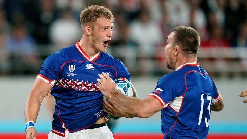 Kirill Golosnitskiy celebrates scoring Russia’s early opening try against Japan. Photograph: Franck Robichon/EPA