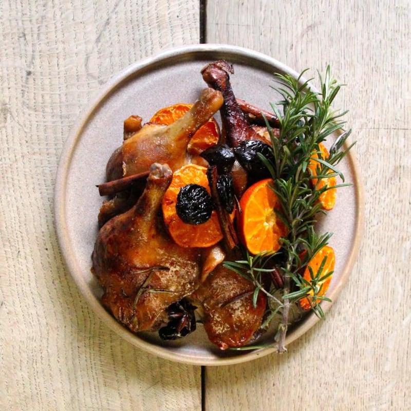 Crispy duck legs with clementine and sherry